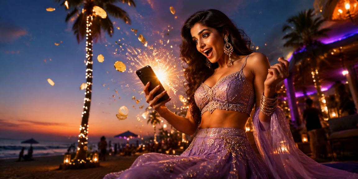 Playing slots on mobile with vibrant Bollywood theme on Goan beach