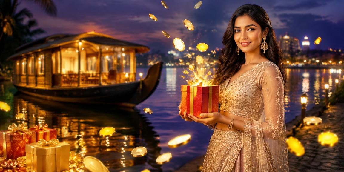 Lush Kerala backwaters scene with people engaging in online lottery and sports betting
