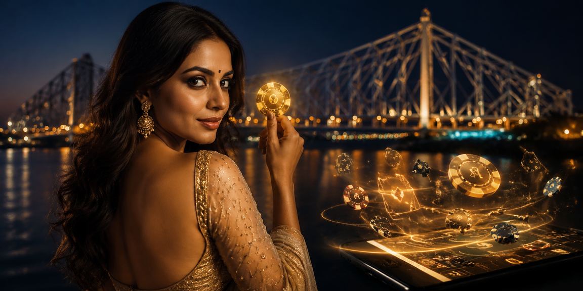 Nighttime Kolkata Howrah Bridge with casino app usage